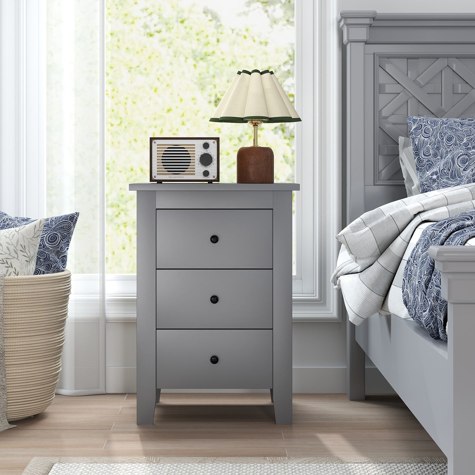 Wooden Nightstand with 3 Drawers and Stable Structure-Grey