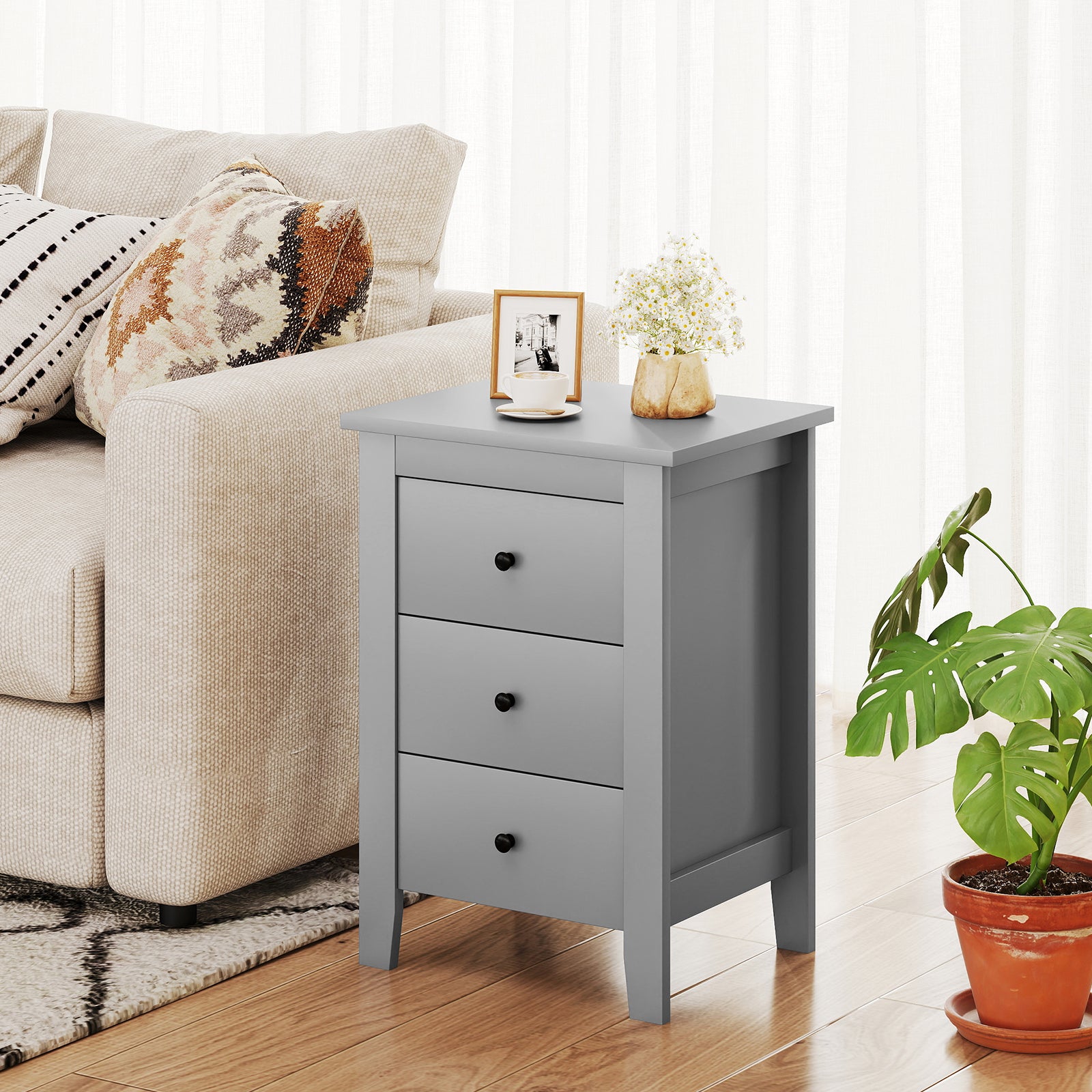 Wooden Nightstand with 3 Drawers and Stable Structure-Grey