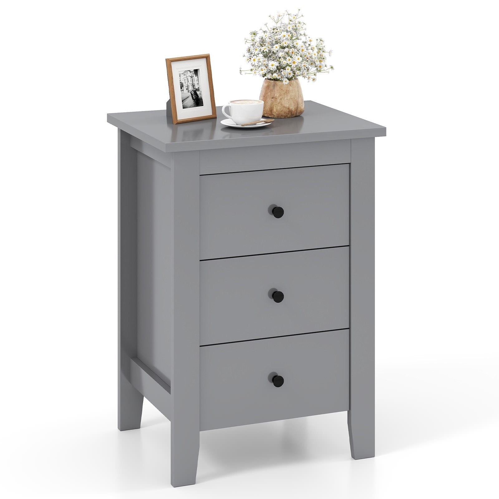 Wooden Nightstand with 3 Drawers and Stable Structure-Grey