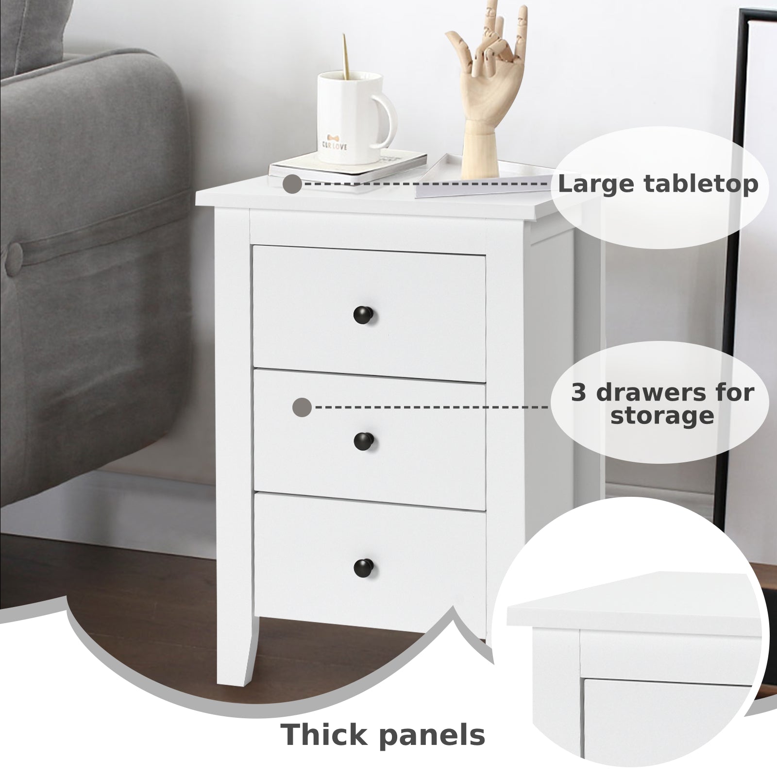 Wooden Nightstand with 3 Drawers and Stable Structure-White