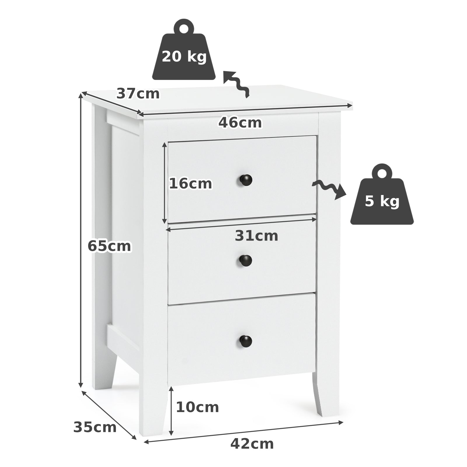 Wooden Nightstand with 3 Drawers and Stable Structure-White