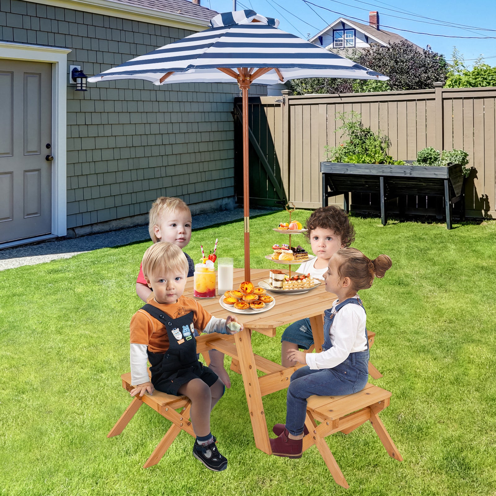 Wooden Kids Picnic Table Set with 4 Chairs and Adjustable Umbrella-Natural
