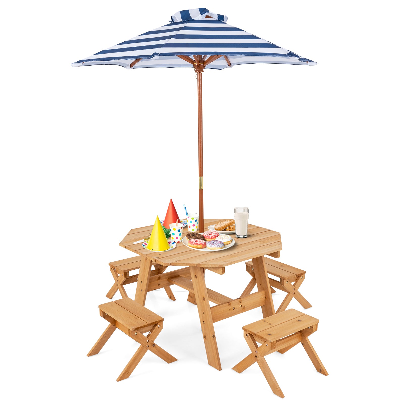 Wooden Kids Picnic Table Set with 4 Chairs and Adjustable Umbrella-Natural