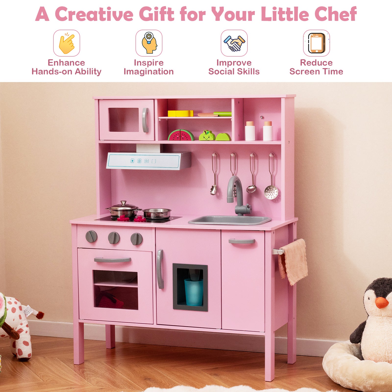 Wooden Kids Play Kitchen Set with Microwave Stoves Oven-Pink