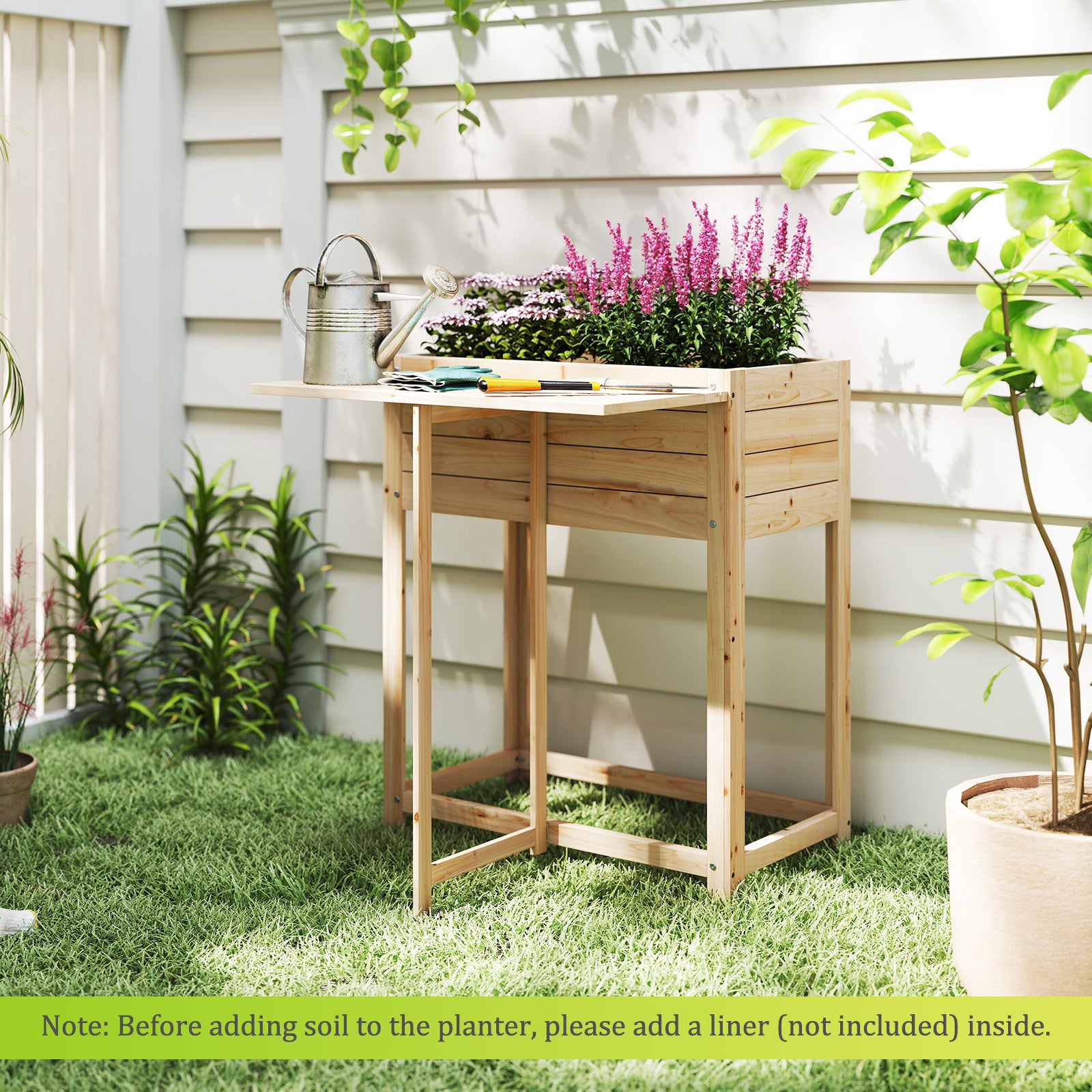 63 x 34 x 74 cm Wooden Raised Garden Bed with Legs and Foldable Side Table