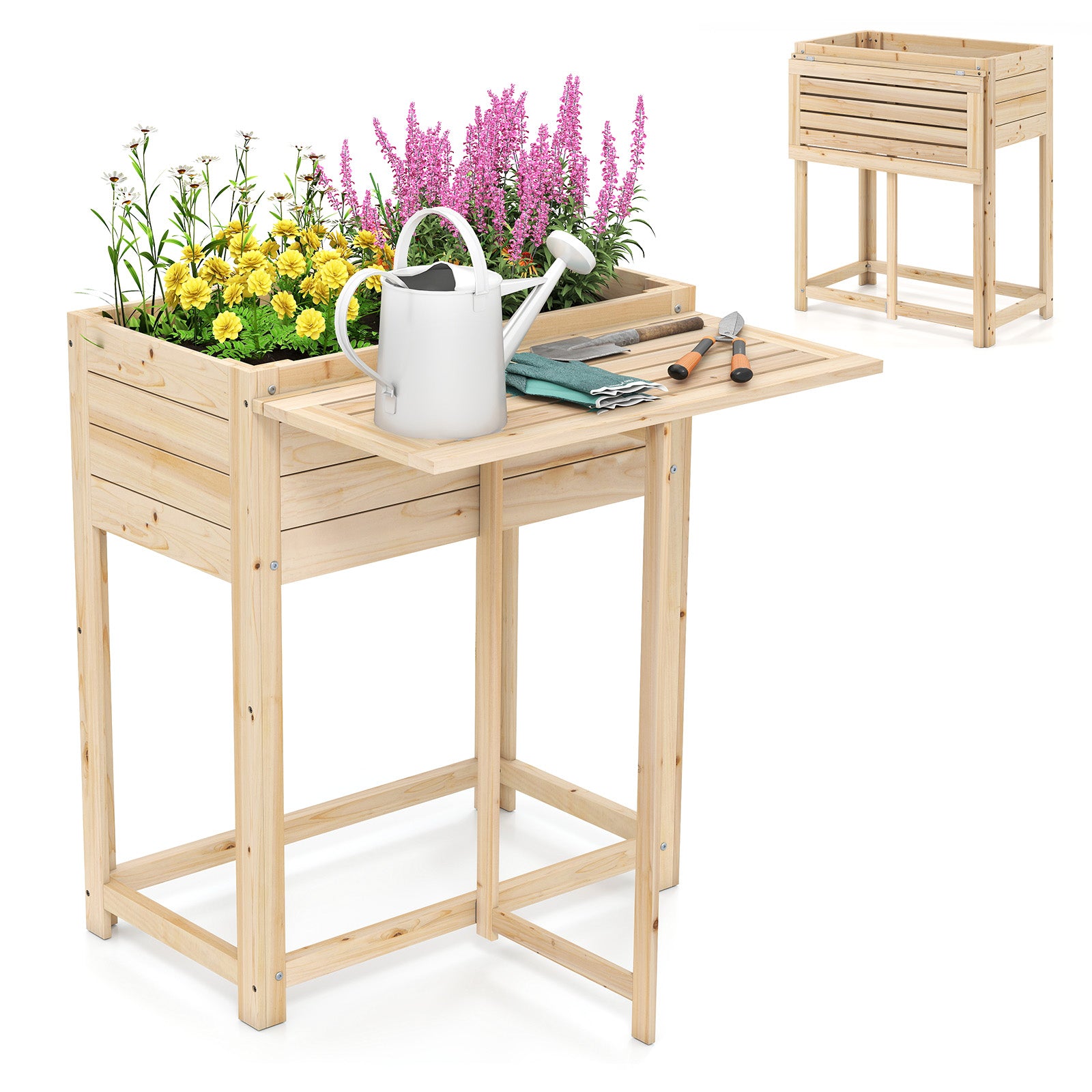 63 x 34 x 74 cm Wooden Raised Garden Bed with Legs and Foldable Side Table