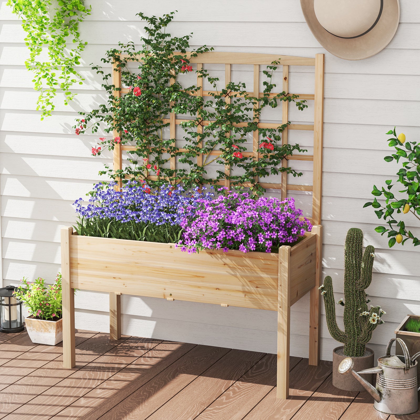 Wooden Raised Garden Bed with Lattice Trellis and Drainage Holes-Natural