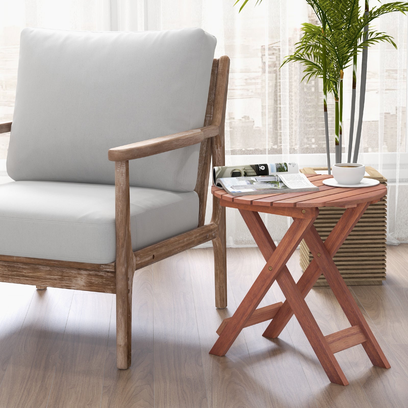 Wooden Side Table with Slatted Tabletop and Sturdy X-shaped Frame-B