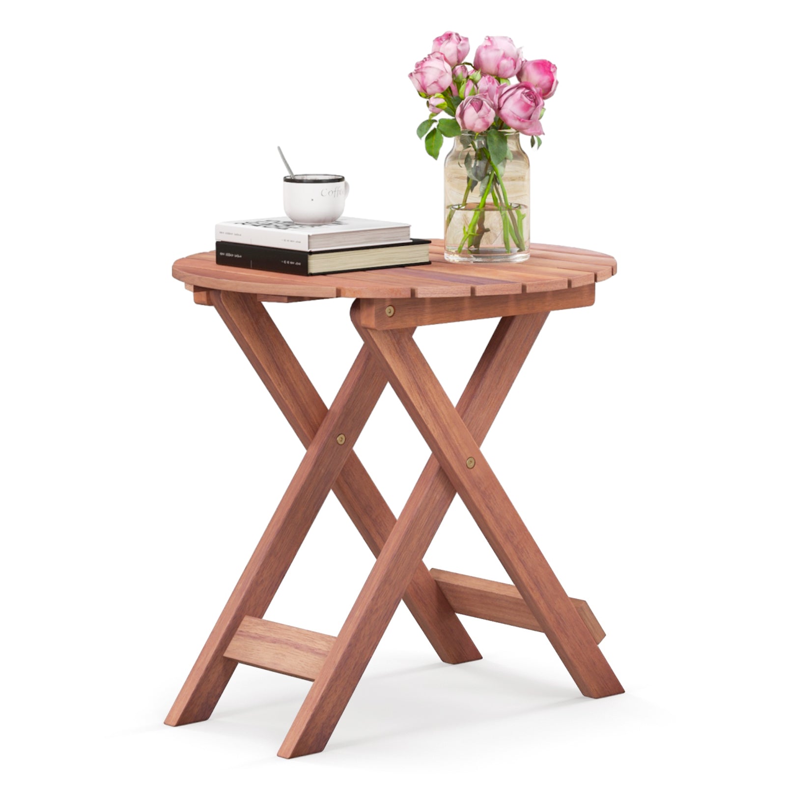 Wooden Side Table with Slatted Tabletop and Sturdy X-shaped Frame-B