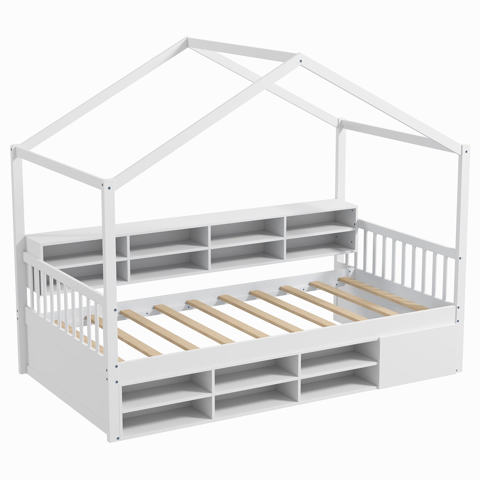 Wooden Single Size House Bed with Roof and 14 Storage Cubes-White