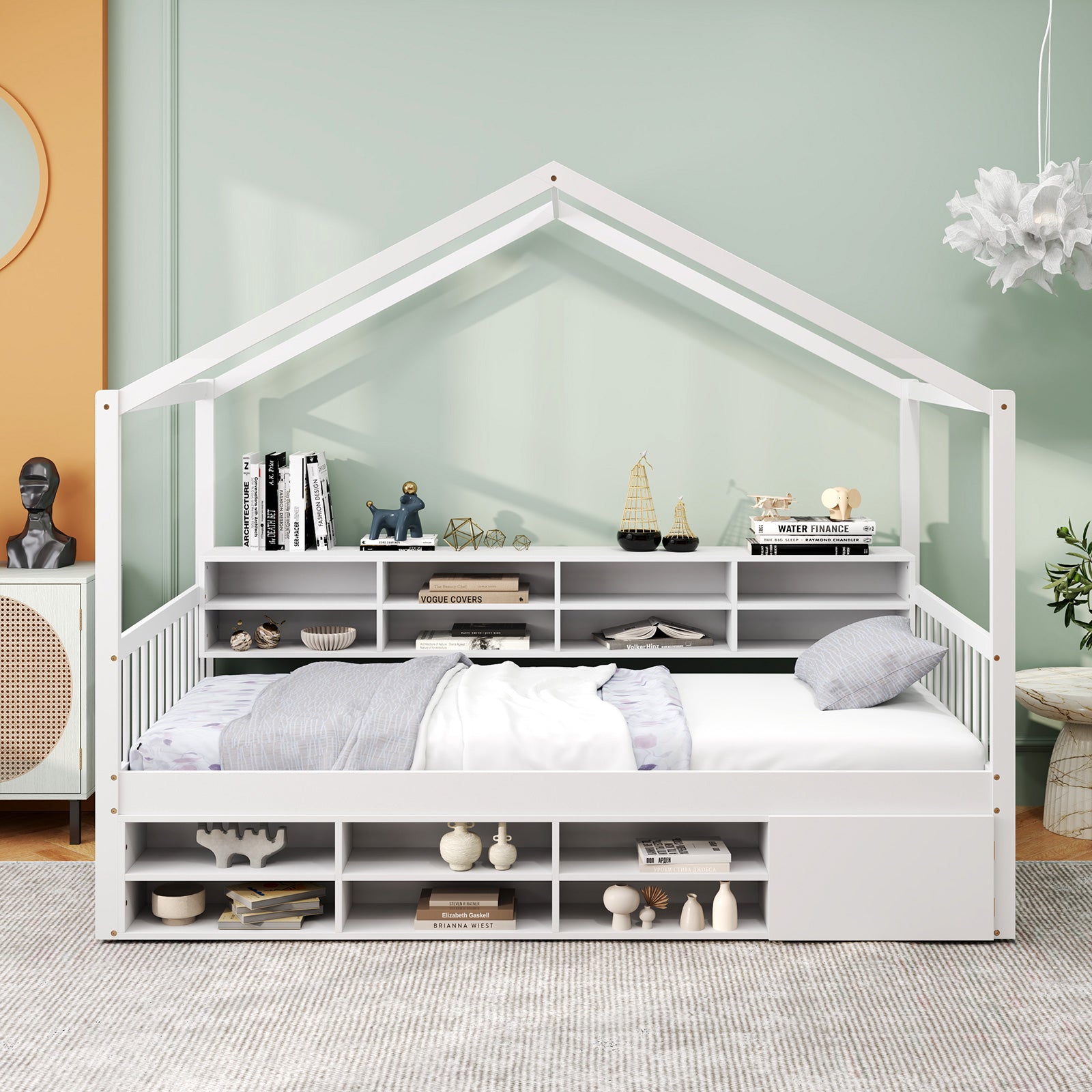 Wooden Single Size House Bed with Roof and 14 Storage Cubes-White