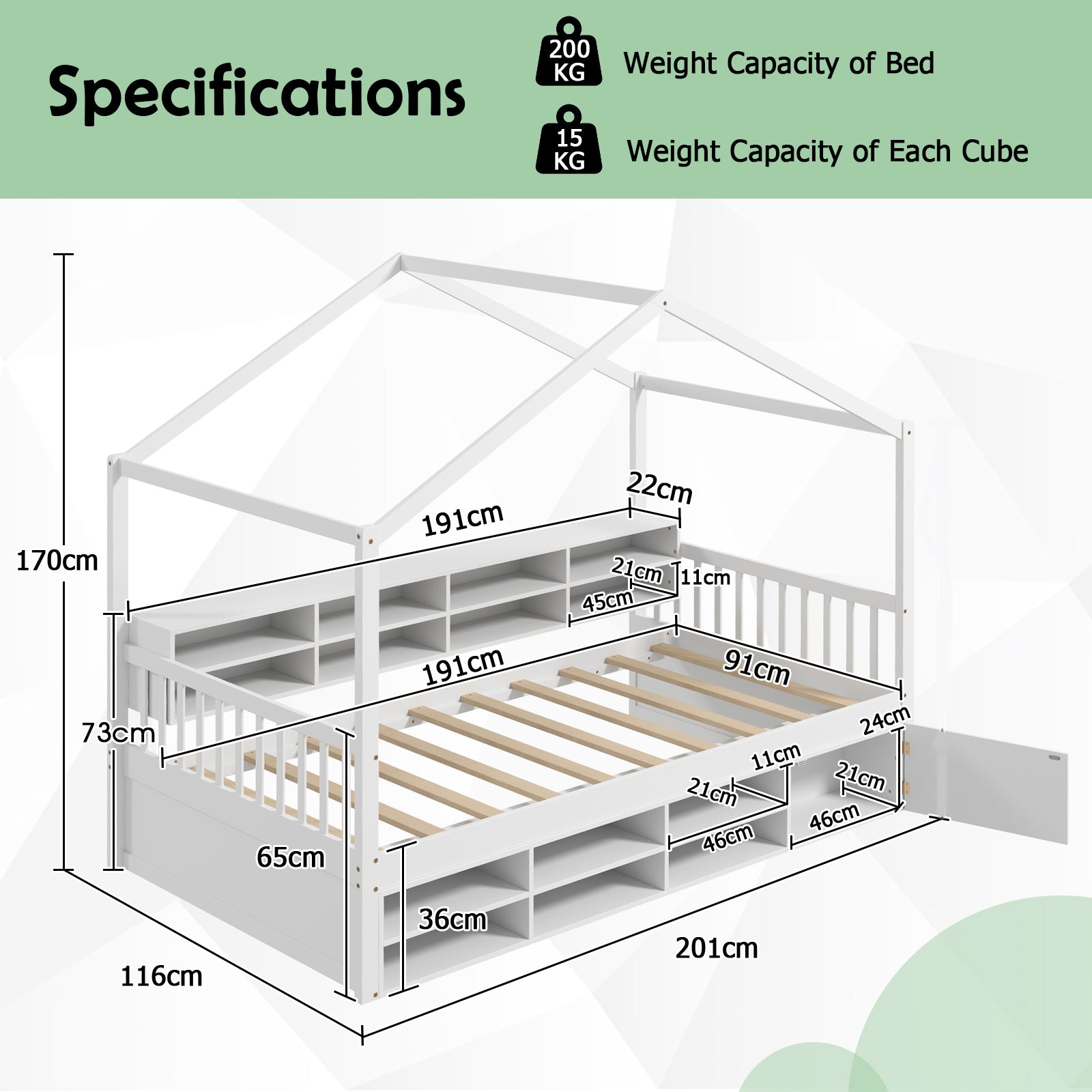 Wooden Single Size House Bed with Roof and 14 Storage Cubes-White