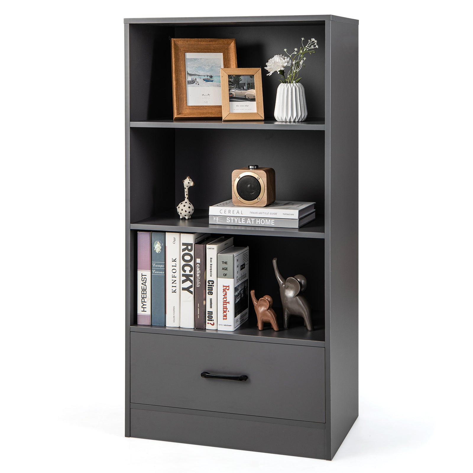 Wooden Storage Bookshelf Cabinet with 3-Tier Open Shelves and Drawer-Grey