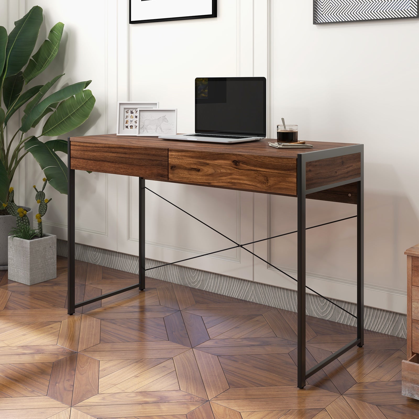 Wooden Study Computer Desk with 2 Drawers, 112 x 48 x 76cm -Brown
