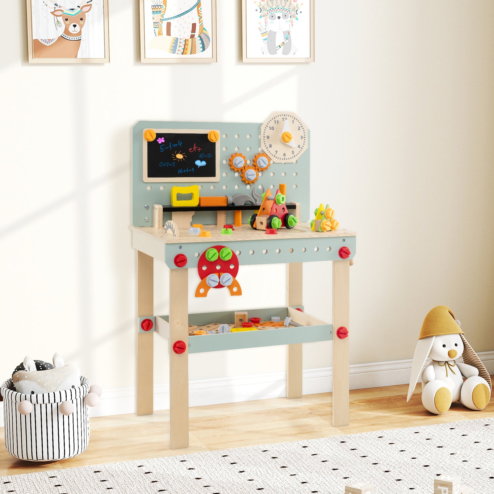 Wooden Tool Workbench with Play Tools Set and Large Storage Space for Kids Toddlers