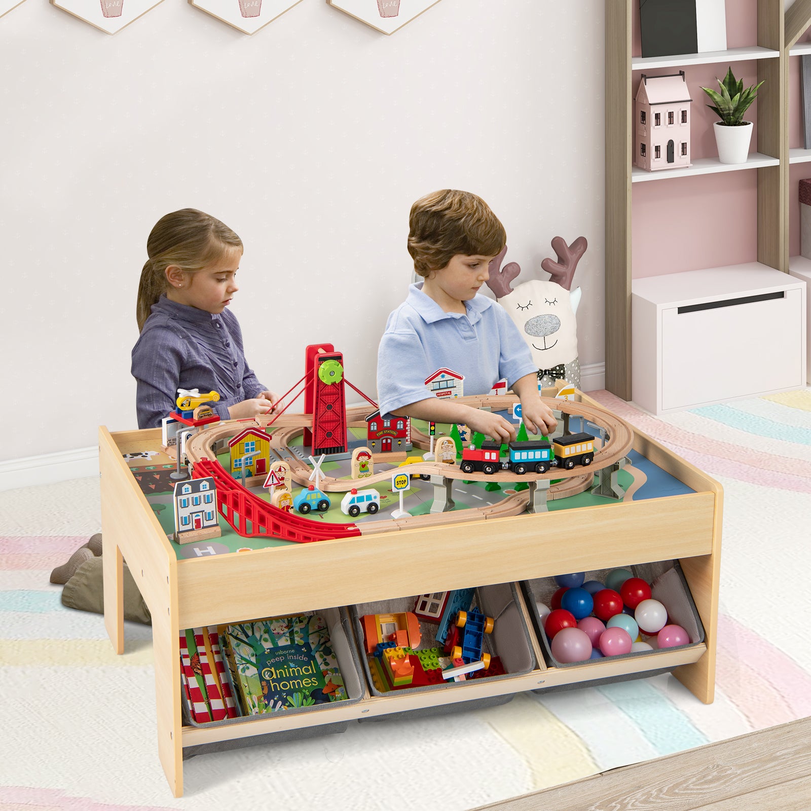 Wooden Train Set Table with 2 Reversible Tabletops and 3 Fabric Drawers-Grey