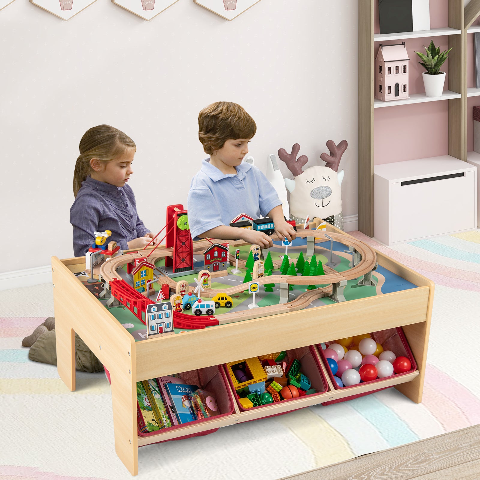 Wooden Train Set Table with 2 Reversible Tabletops and 3 Fabric Drawers-Red