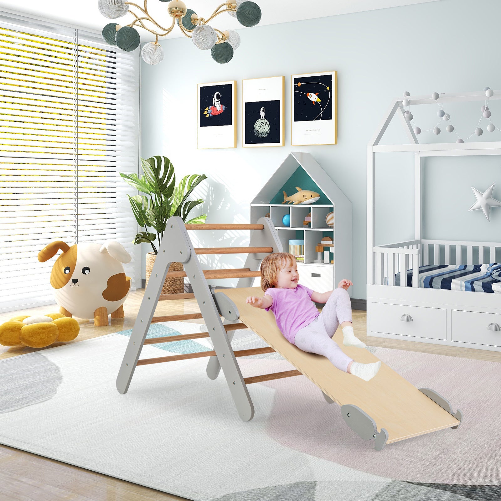 Wooden Triangle Climbing Ladder Set with 2-in-1 Reversible Ramp-Grey