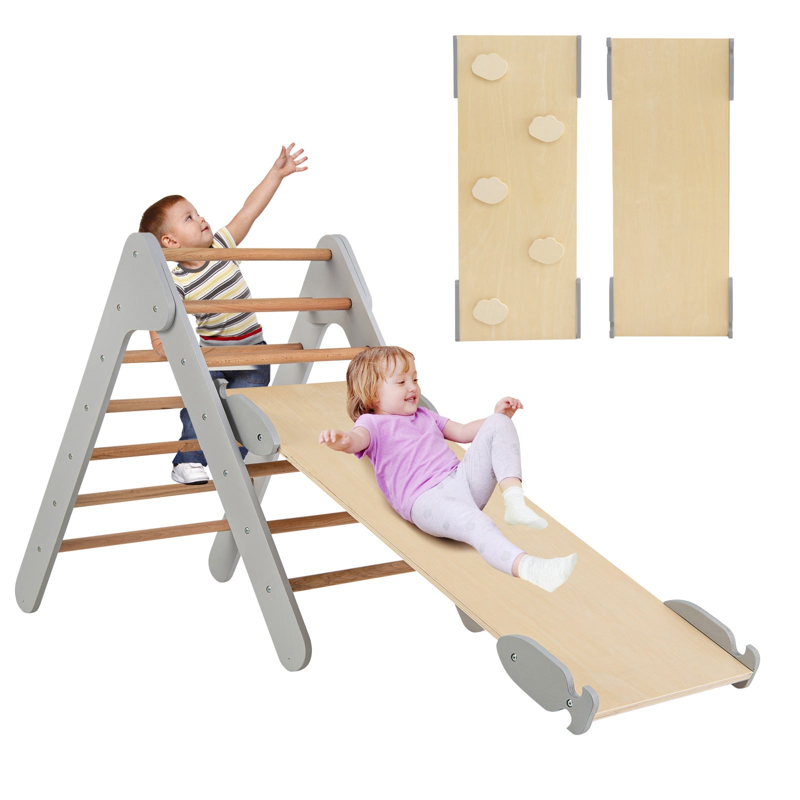 Wooden Triangle Climbing Ladder Set with 2-in-1 Reversible Ramp-Grey