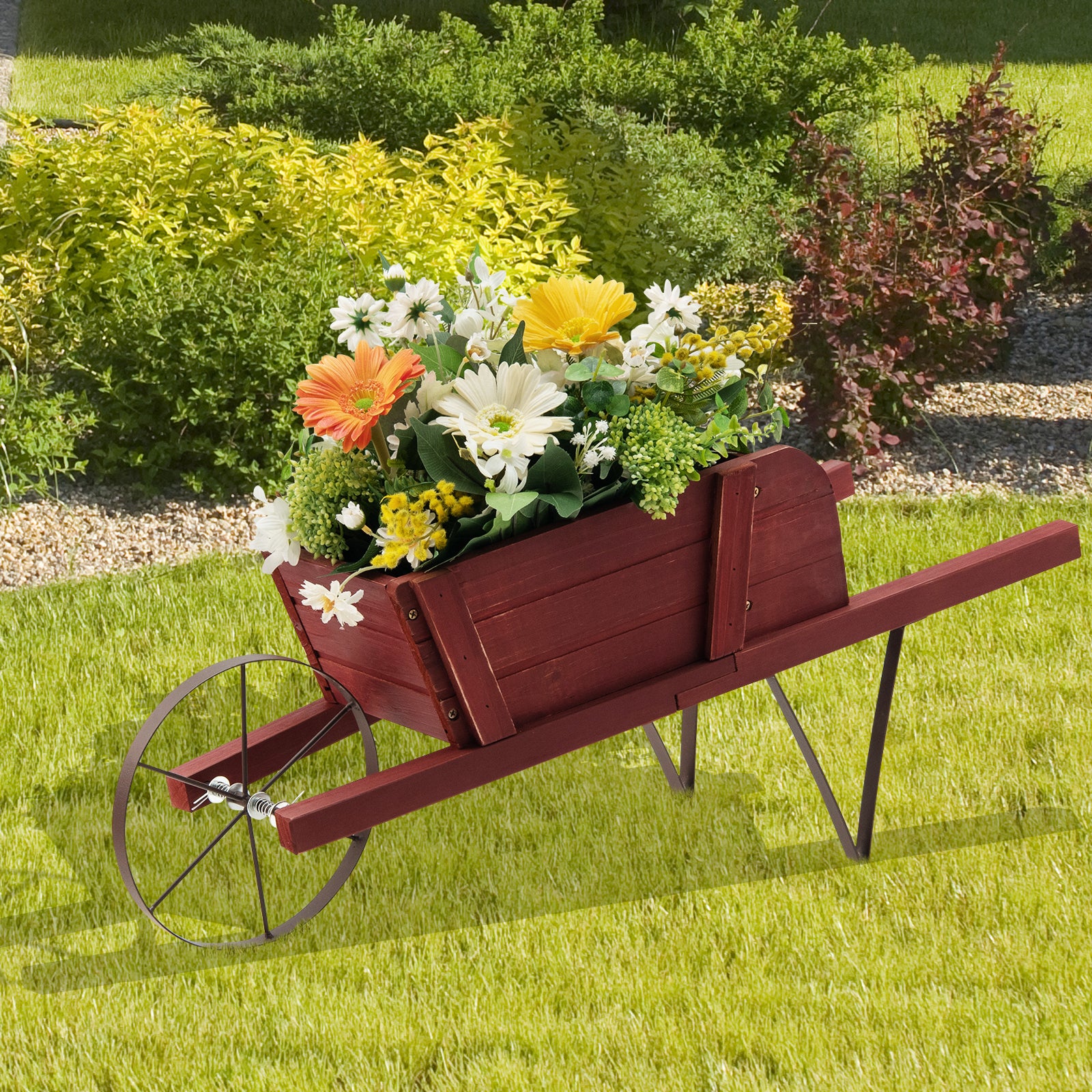 Wooden Wagon Planter Stand Wheelbarrow Flower Cart Garden Decoration-Red