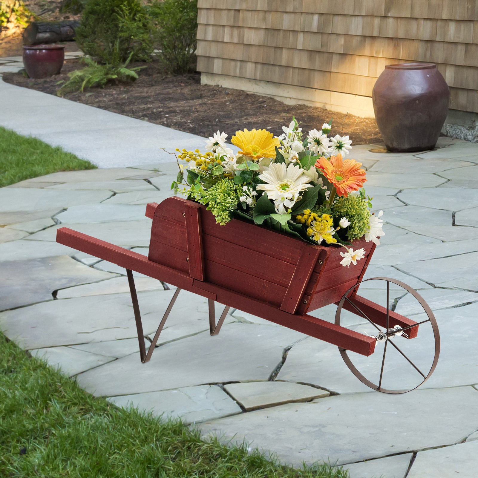 Wooden Wagon Planter Stand Wheelbarrow Flower Cart Garden Decoration-Red