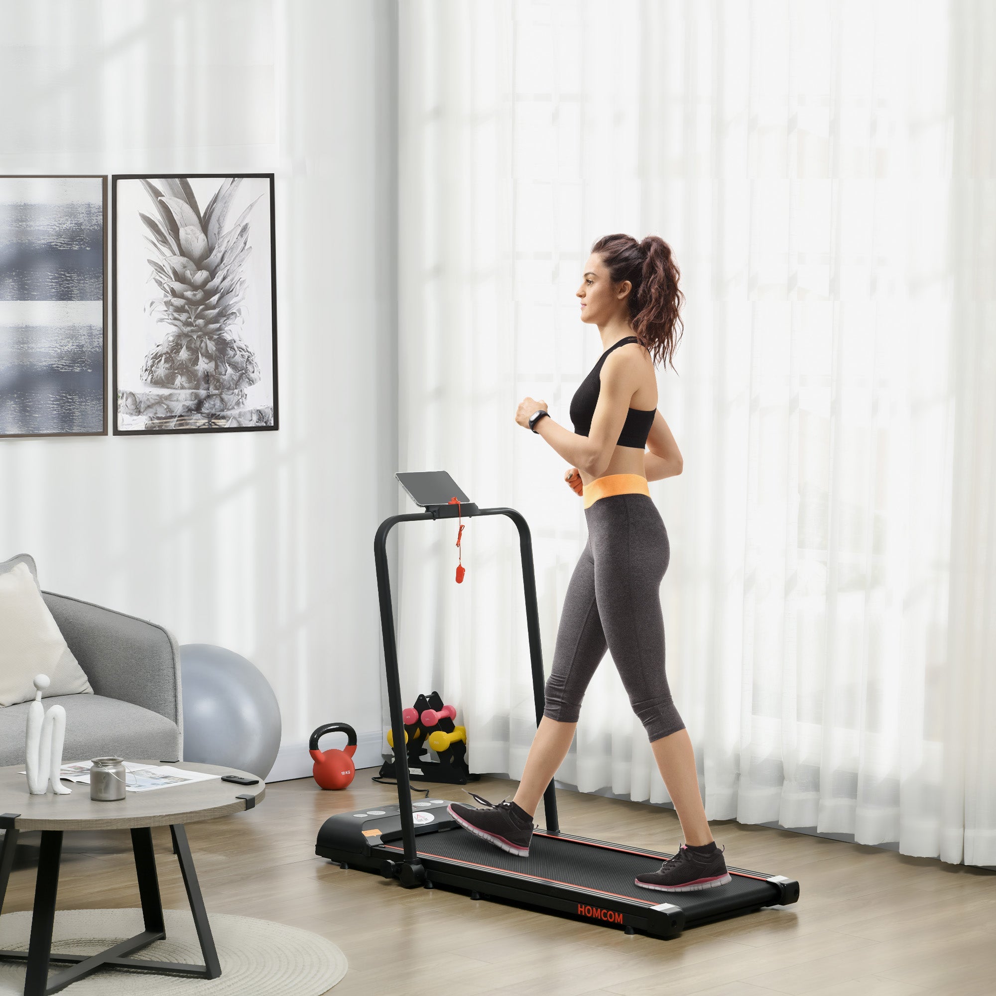 HOMCOM Foldable Walking Treadmill, with LED Display and Wheels, for Home, Office, Gym, Red
