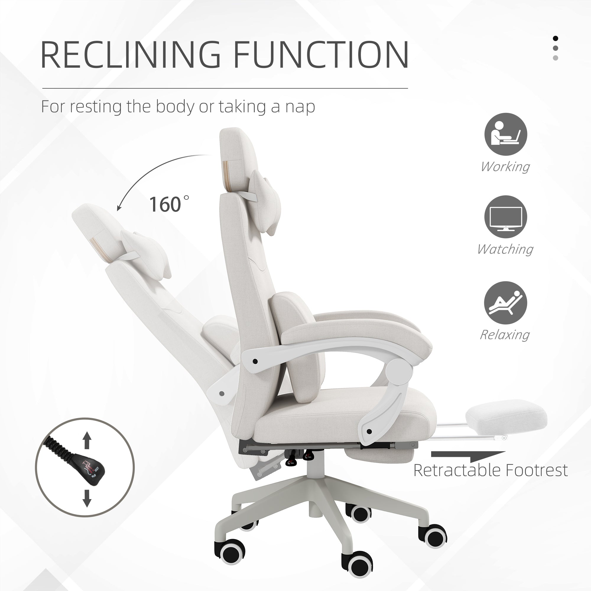 Vinsetto Linen-Look Office Chair, with 160√Ç¬∞ Reclining Back and Footrest - White