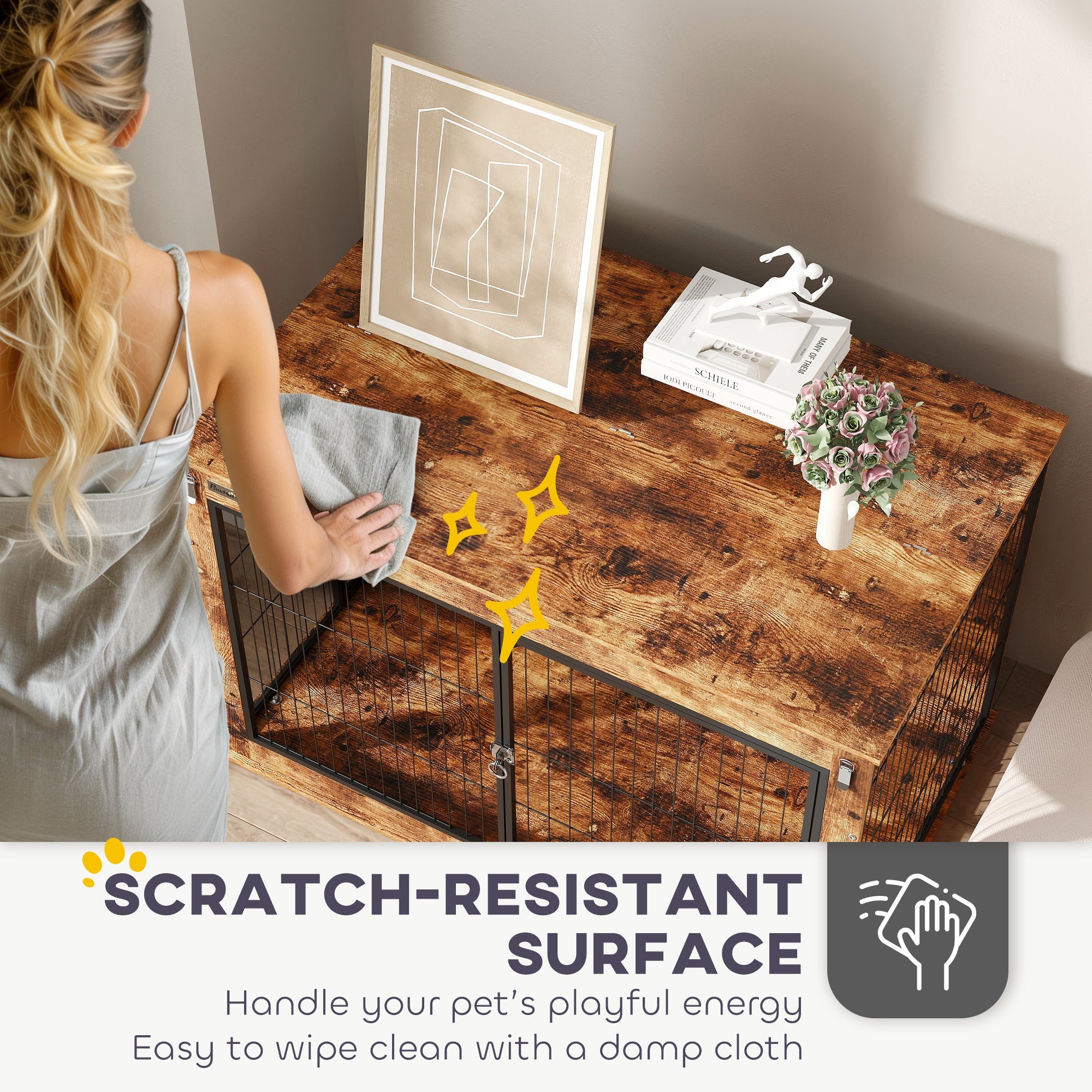 PawHut Dog Crate Furniture with Openable Top, Two Doors, for Extra Large Dogs, Rustic Brown