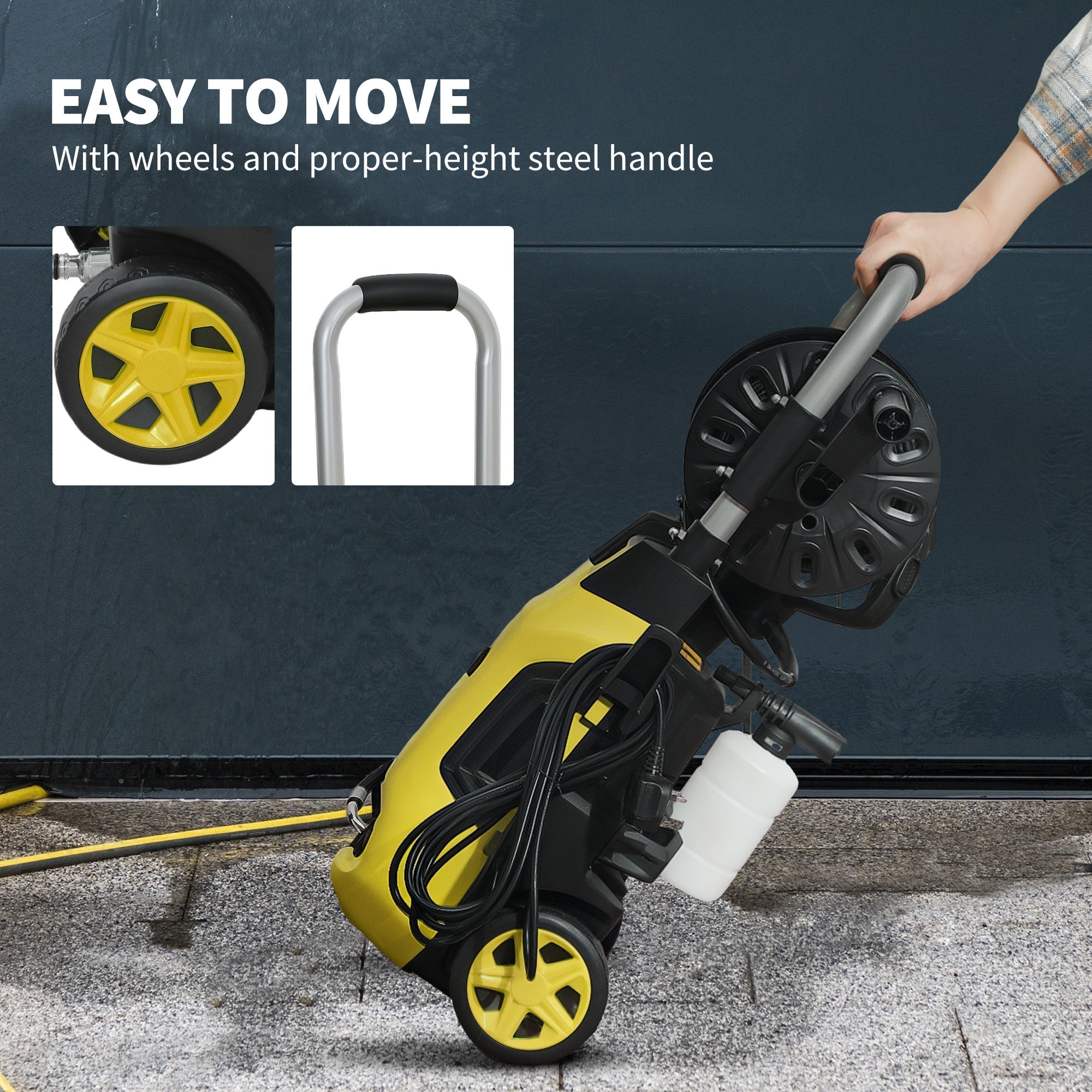 Outsunny 1800W High√Ç Pressure√Ç Washer, 150 Bar Pressure, 420 L/h Flow, Portable Power Washer Jet Wash Cleaner with Adjustable Nozzle, 6M Hose, Hose Reel, Steel Handle for Home Patio Car Driveway, Yellow