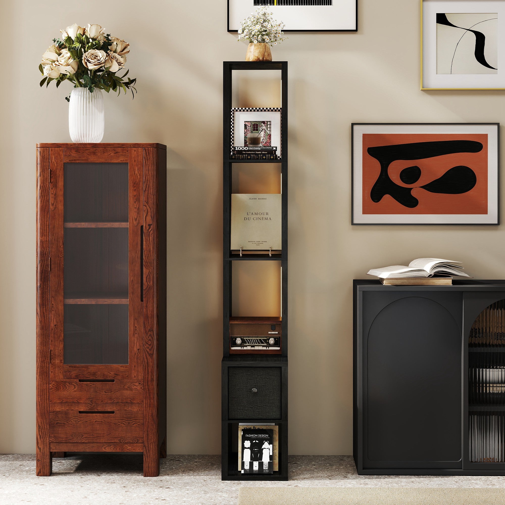 HOMCOM Floor Lamp with Shelves, LED Column Modern Standing Lamp with Fabric Drawer, Adjustable Brightness, Foot Switch for Living Room, Bedroom, Office, Black