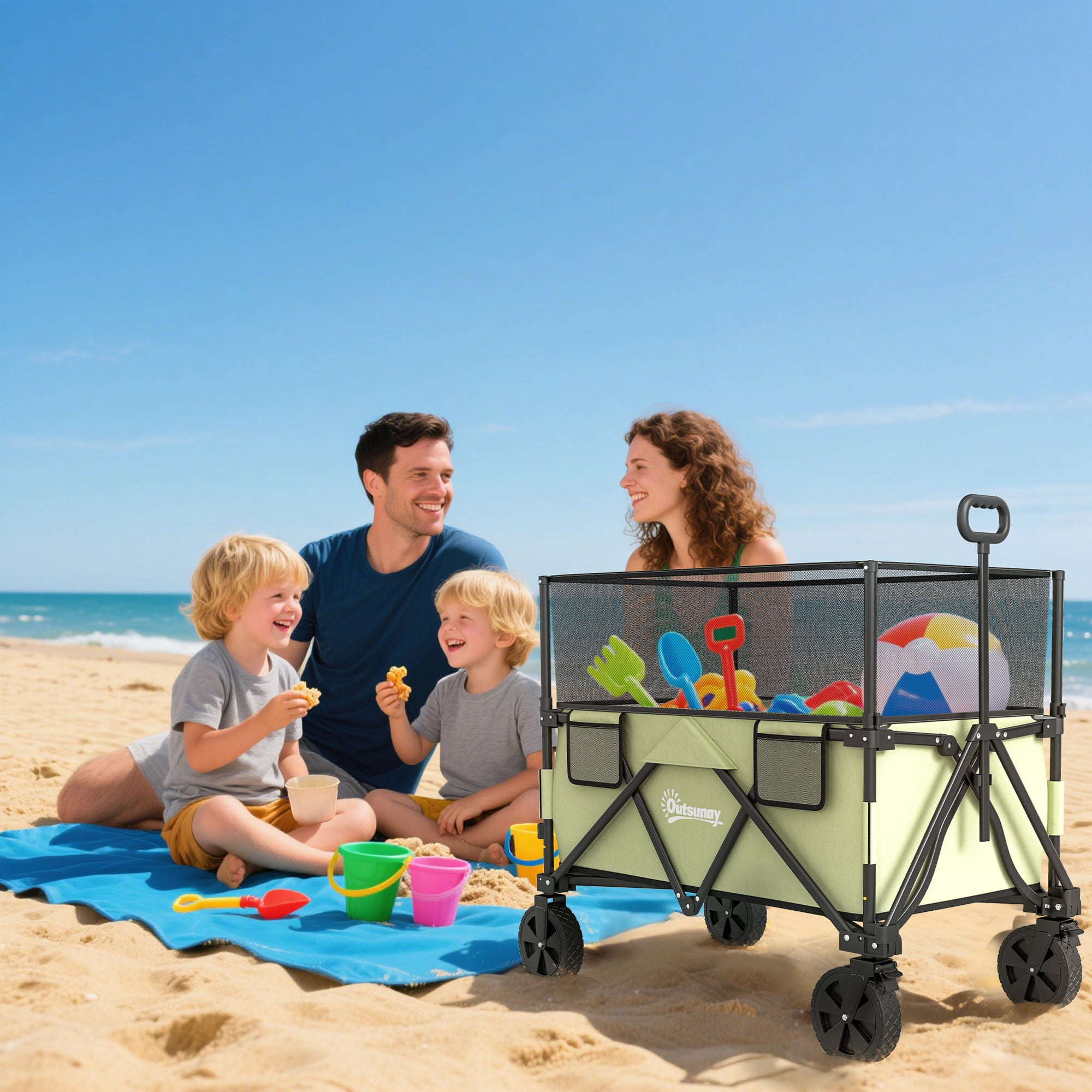 Outsunny Folding Garden Trolley, 180L Wagon Cart with Extendable Side Walls, for Beach, Camping, Festival, Green