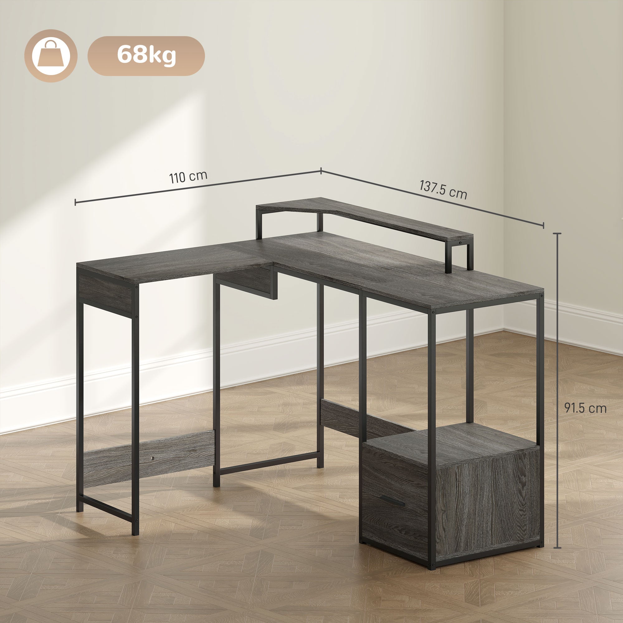 HOMCOM Industrial 'L' Shaped Multi-Work Desk - Charcoal Grey