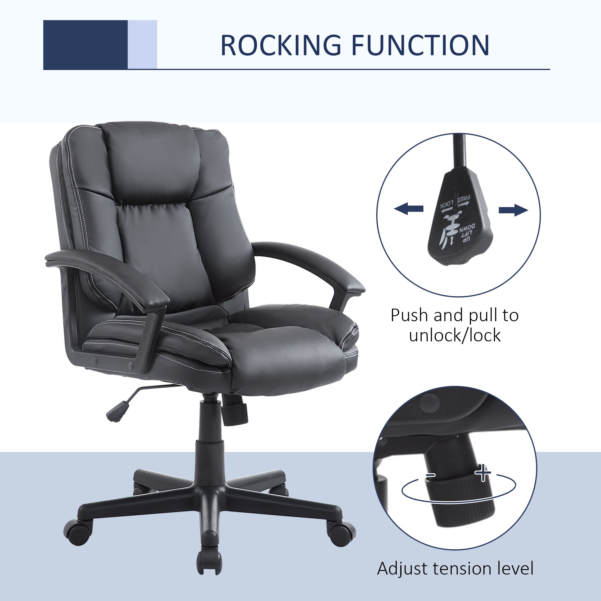 HOMCOM Office Chair, Computer Desk Chair, PU Leather Mid Back Executive Chair with Adjustable Height and Swivel Rolling Wheels for Home Study, Black