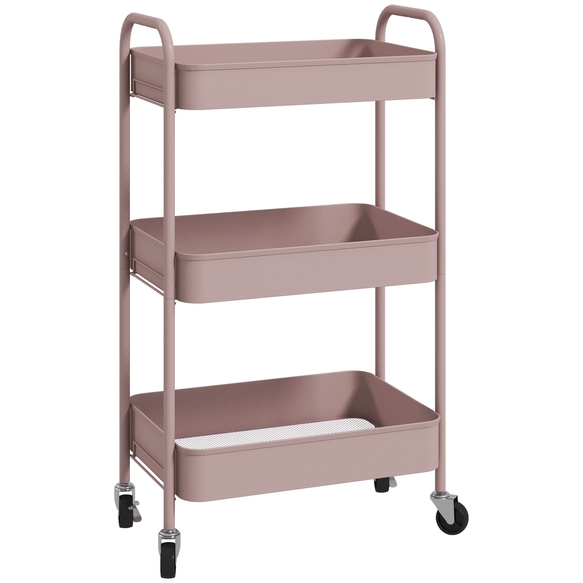 HOMCOM Three-Tier Steel Storage Trolley - Pink