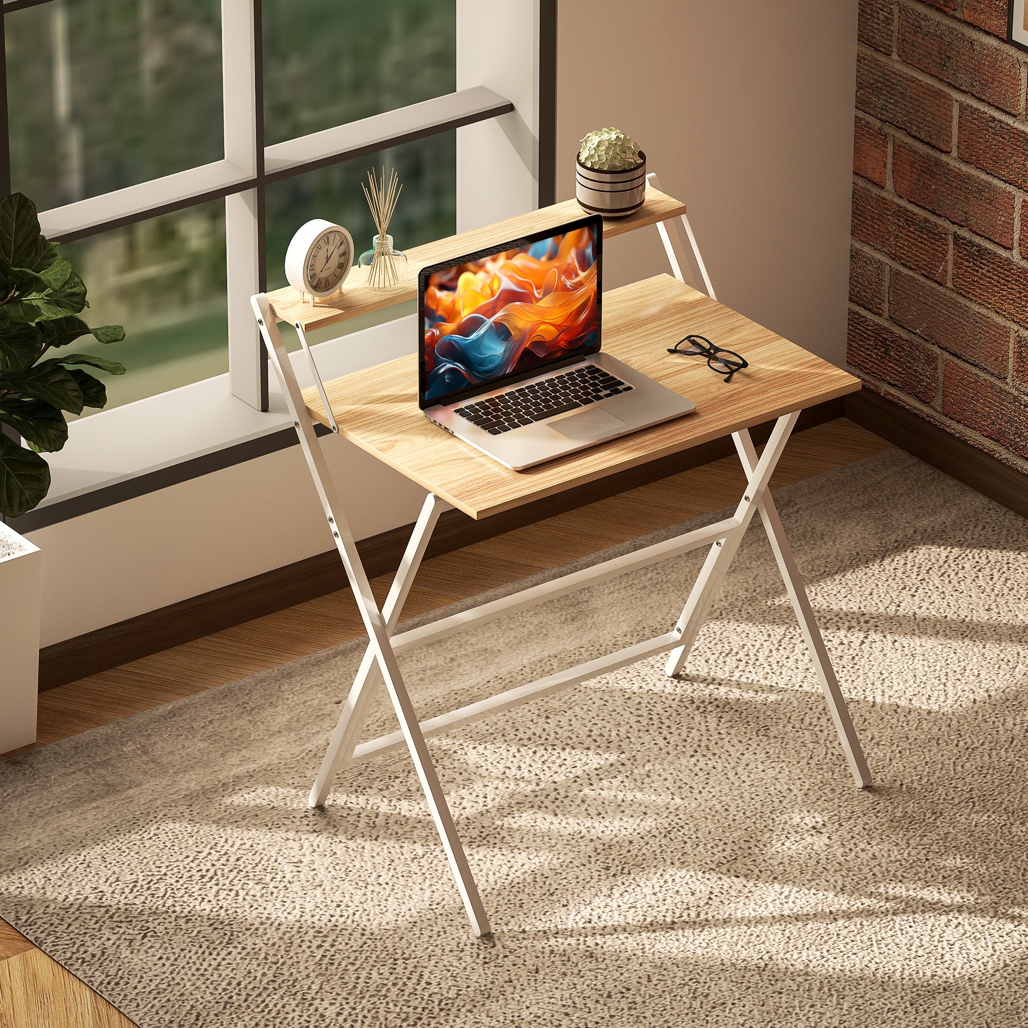 HOMCOM 81.5 cm Folding Computer Desk with Monitor Shelf - Natural Wood Finish