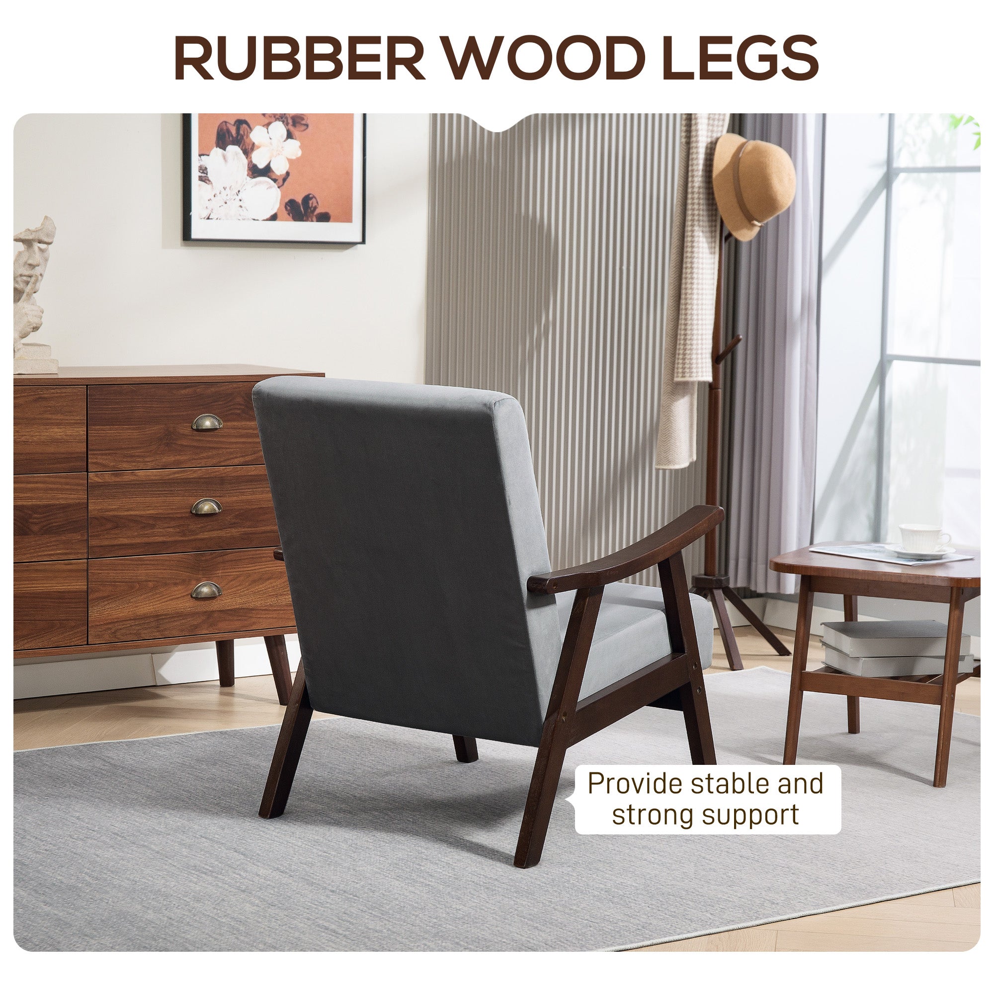 HOMCOM Nordic Accent Chair, Upholstered Velvet Armchair with Solid Wood Frame and Soft Thick Padded for Living Room, Bedroom, Grey