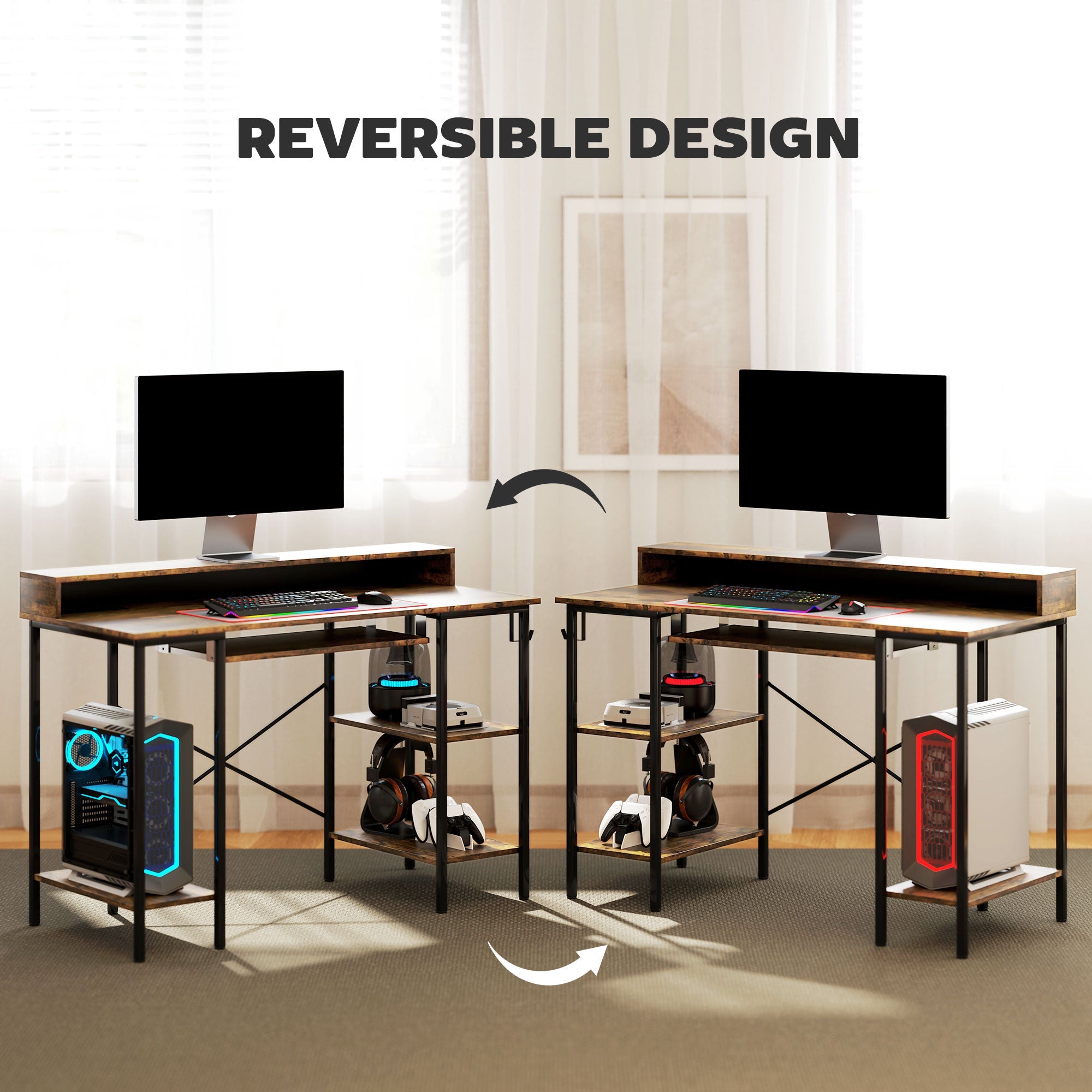 HOMCOM Computer Desk with LED Lights and Power Outlets, 120 x 55 cm Gaming Desk with Monitor Stand, Sliding Keyboard Tray and Storage Shelves for Home Office, Rustic Brown