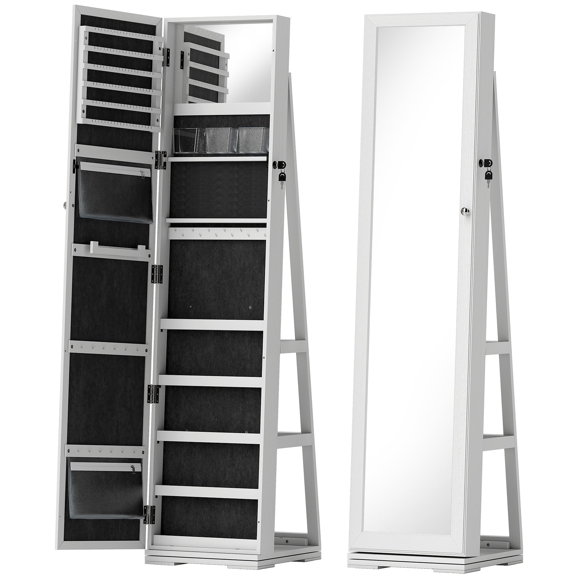 HOMCOM 360√Ç¬∞ Swivel Jewellery Cabinet, Free Standing Full Length Mirror with Storage, Lockable Jewellery Organiser with Built-in Makeup Mirror and Storage Shelves for Bedroom, White