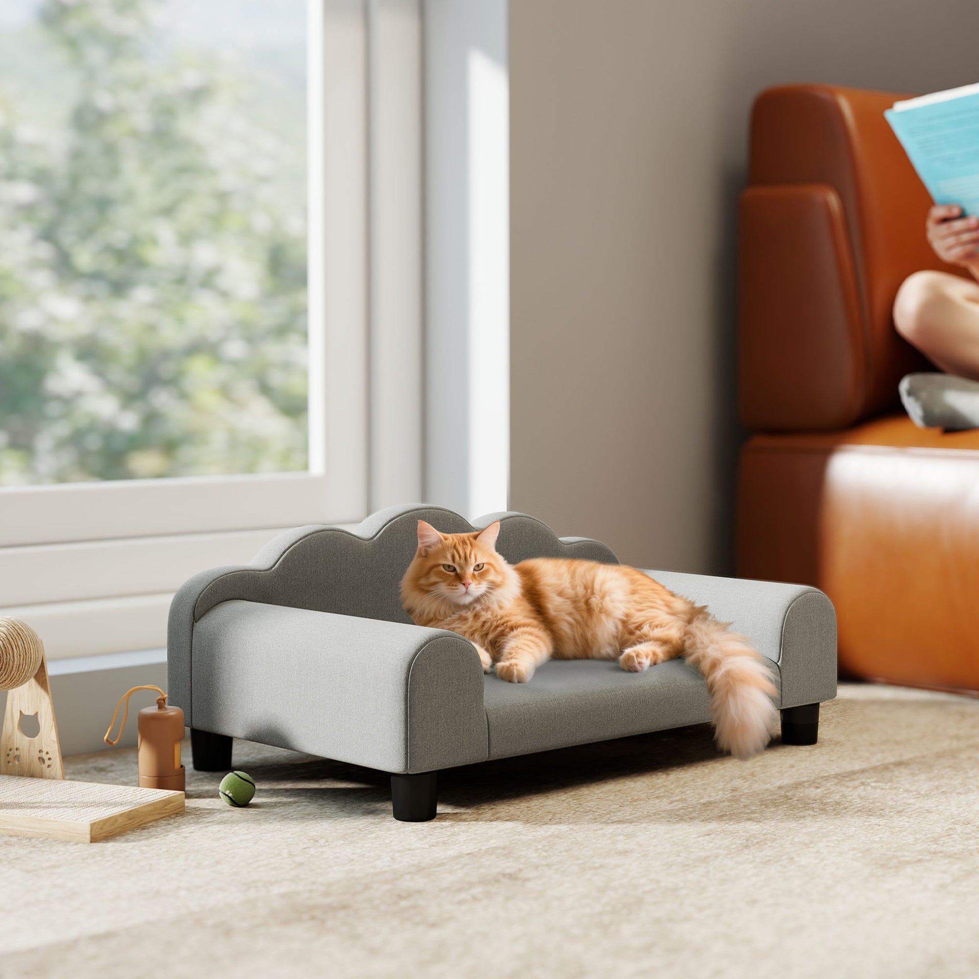 PawHut Elevated Dog Sofa Bed, Breathable Pet Sofa with Backrest and Armrest for Small Dogs, Grey