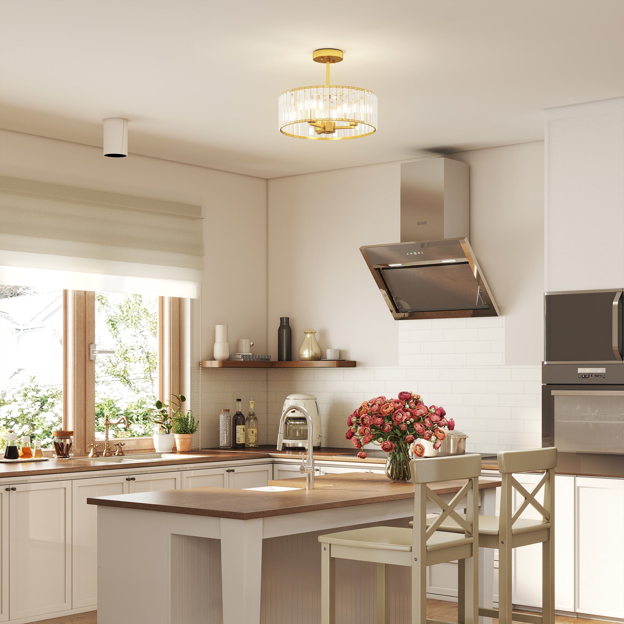 HOMCOM Crystal Ceiling Light Fixture, Semi Flush Mount Modern Crystal Chandelier Ceiling Light for Living Room, Bedroom, Hallway, Dining Room, E14 Base 3-Lights, Gold Tone