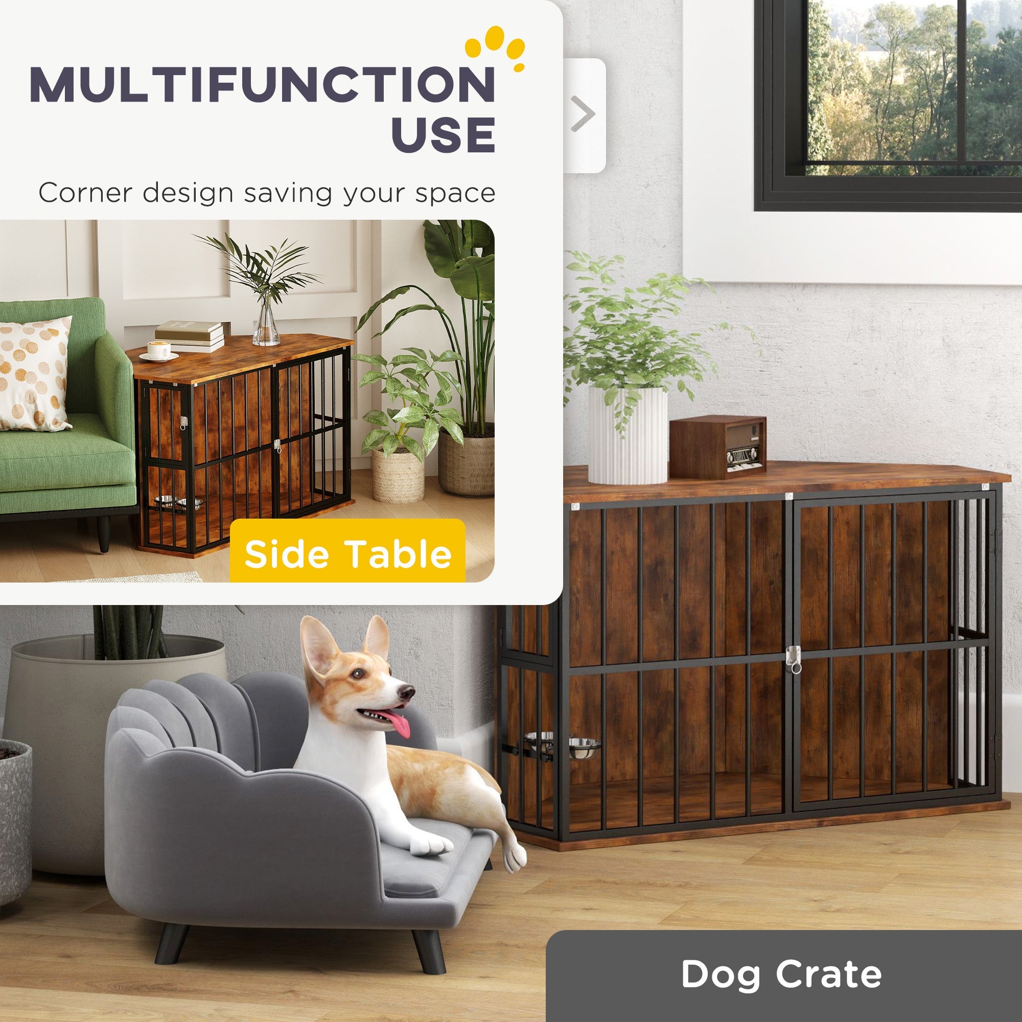 PawHut Corner Dog Crate Furniture with Two Bowls, Lockable Doors, for Small, Medium Dogs, Rustic Brown