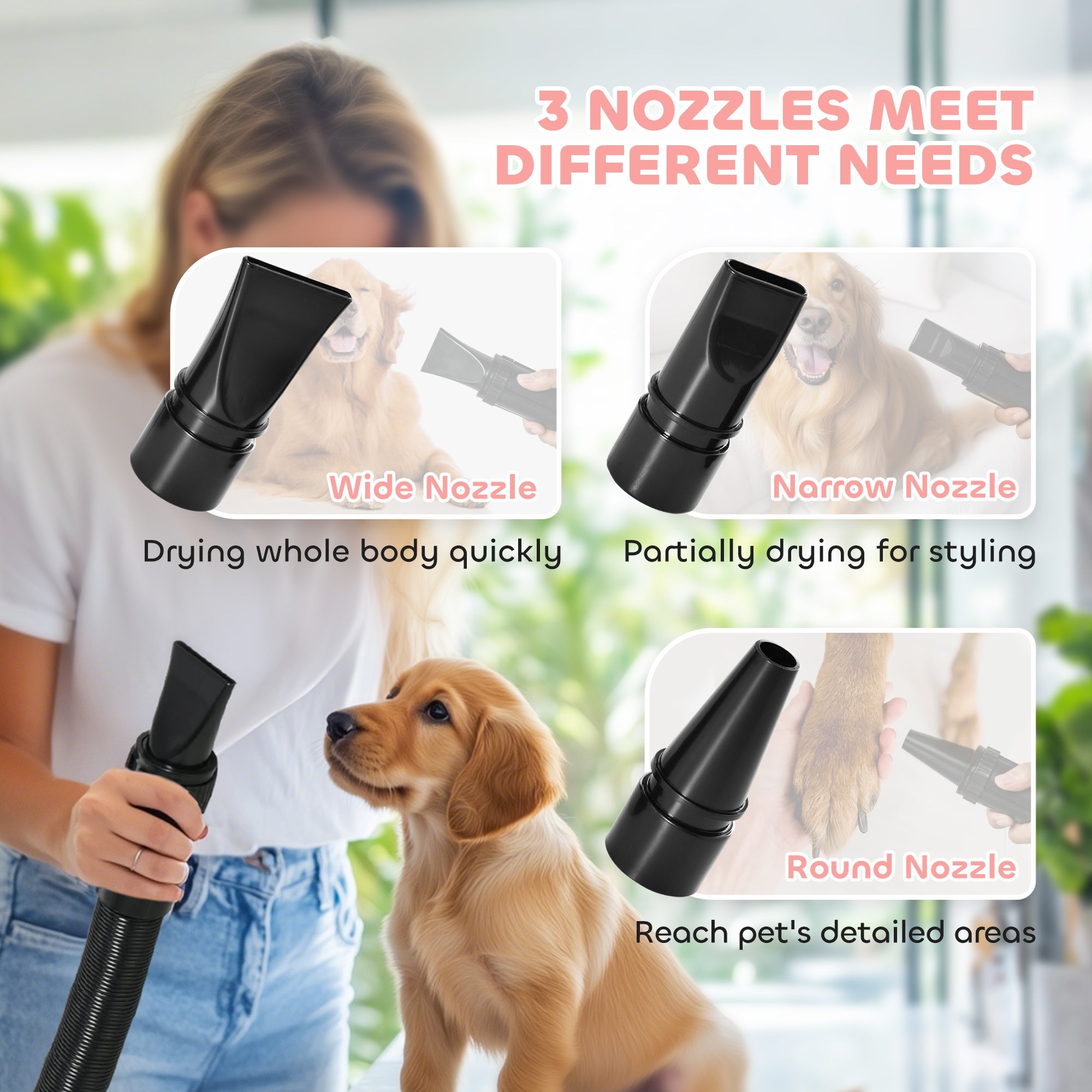 PawHut 2200W Dog Hair Dryer with Adjustable Temperature & Velocity, 3 Different Nozzles, Pink