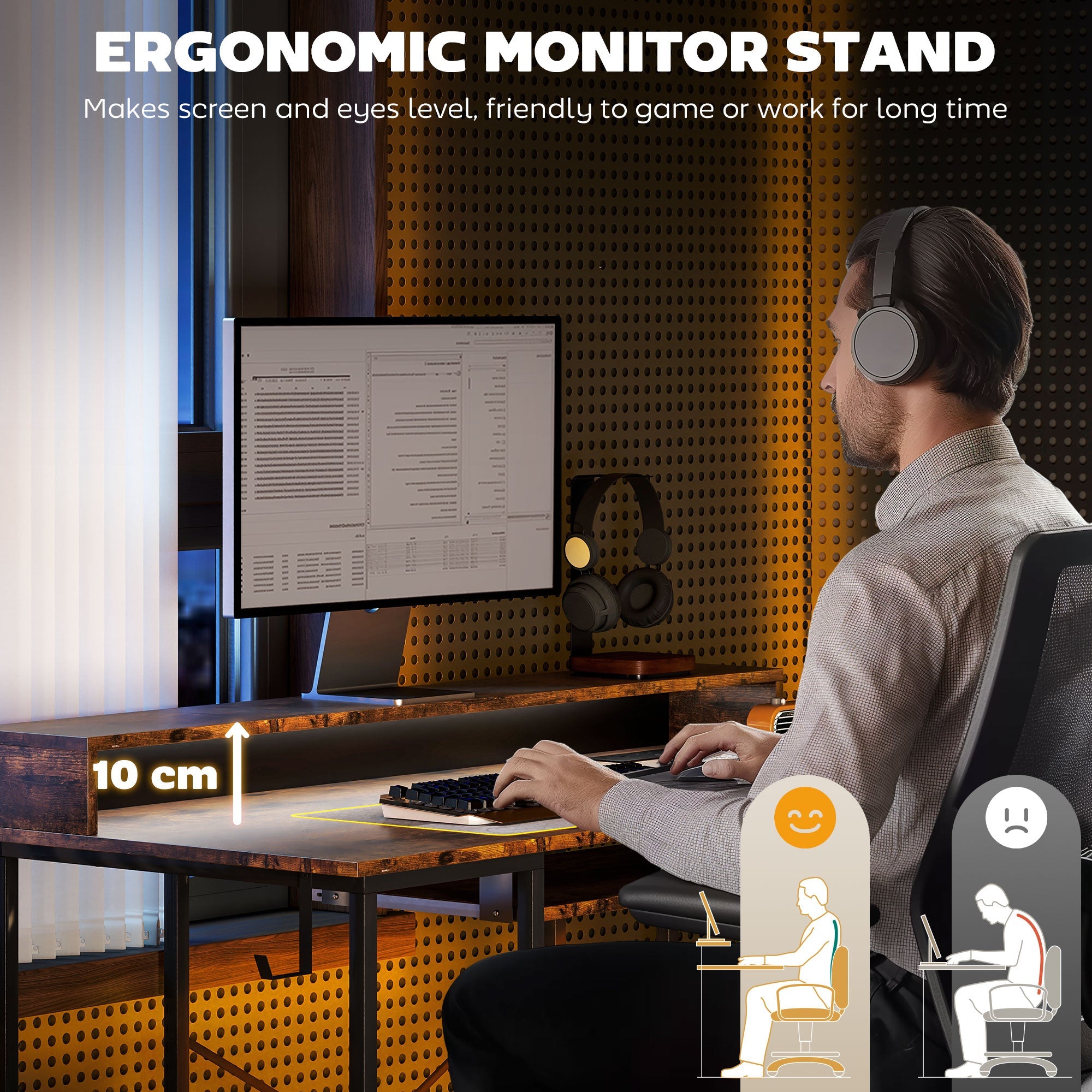 HOMCOM Computer Desk with LED Lights and Power Outlets, 120 x 55 cm Gaming Desk with Monitor Stand, Sliding Keyboard Tray and Storage Shelves for Home Office, Rustic Brown