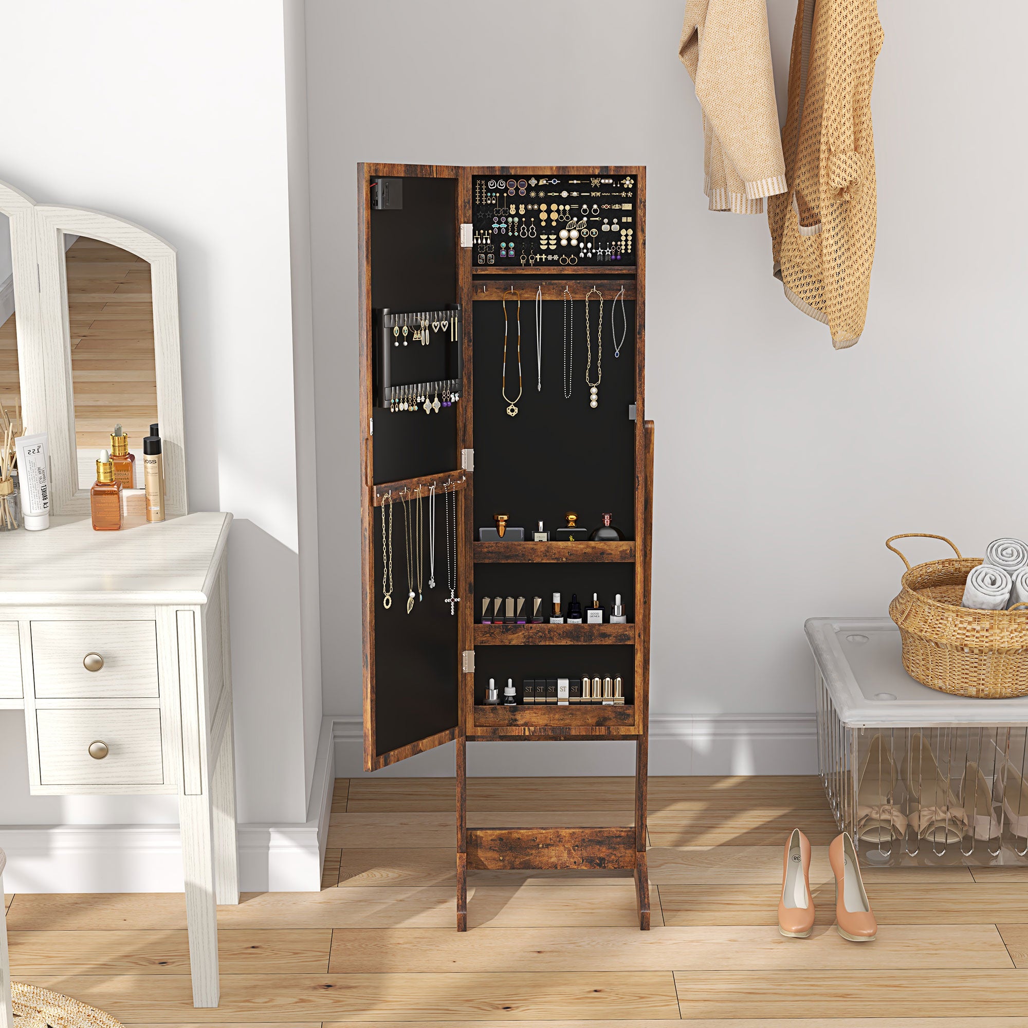 HOMCOM Freestanding Mirror Jewelry Cabinet with LED Lights, Jewellery Organiser with 3 Angle Adjustable, Full-Length Mirror with Storage for Earrings, Necklaces, Rings and Lipsticks, Rustic Brown