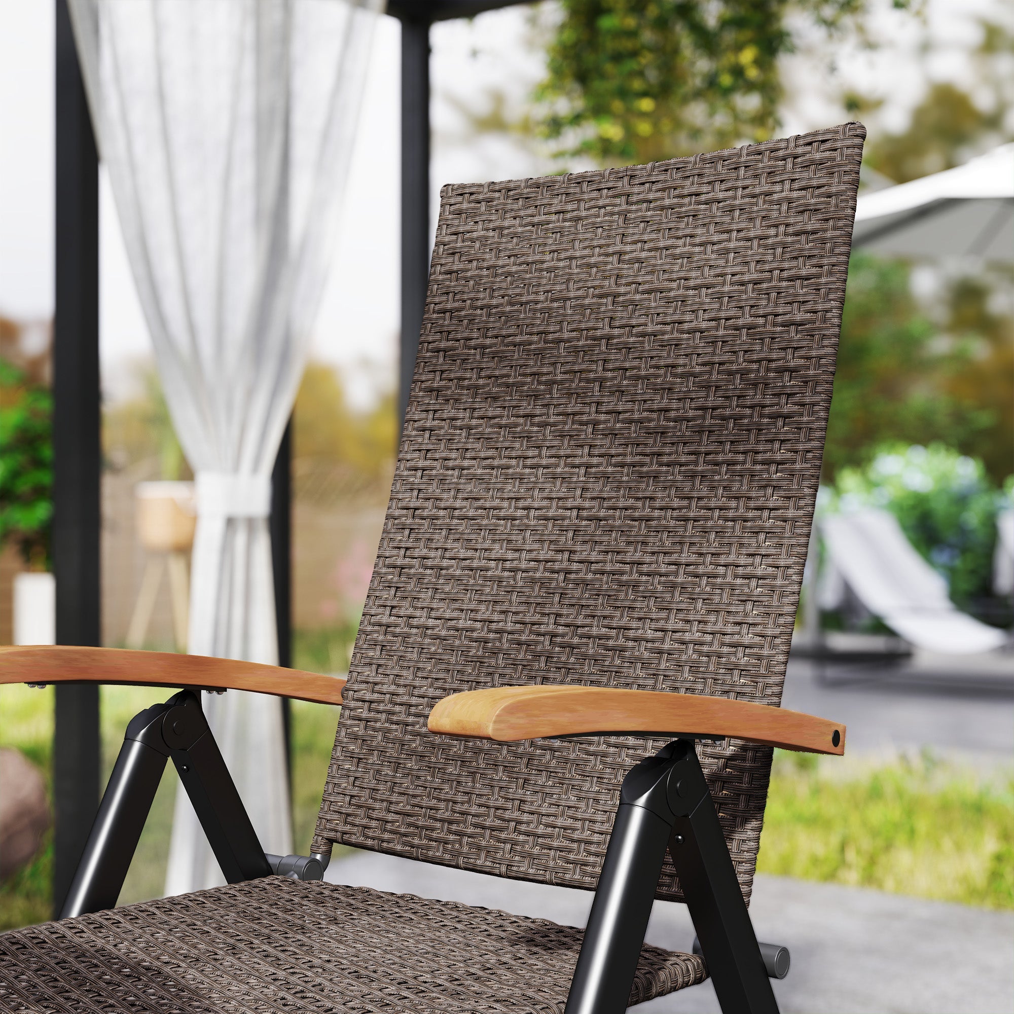 Outsunny 2 Pieces Folding Rattan Garden Dining Chairs with 5-level Reclining High Back, Wood Armrests for Outdoor - Brown