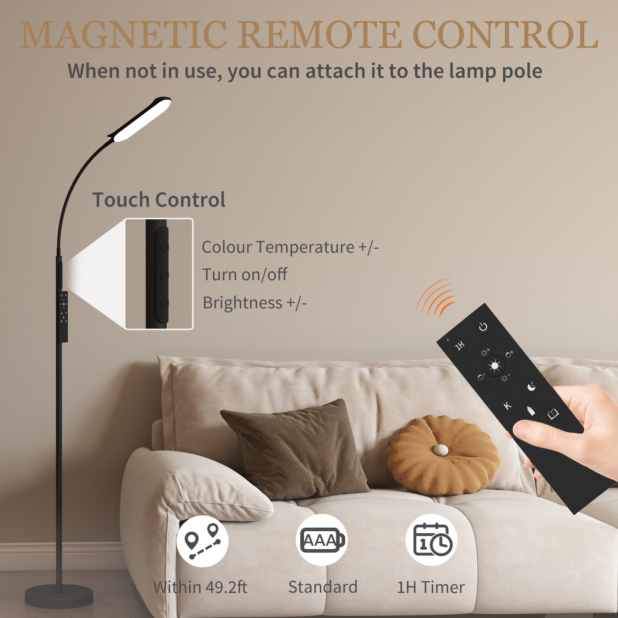 HOMCOM LED Floor Lamp, Standing Lamp with Remote & Touch Control, Stepless Dimmable Colours Temperature & Brightness, 360√Ç¬∞ Adjustable Gooseneck, 1 Hour Timer, Memory Function for Living Room, Black