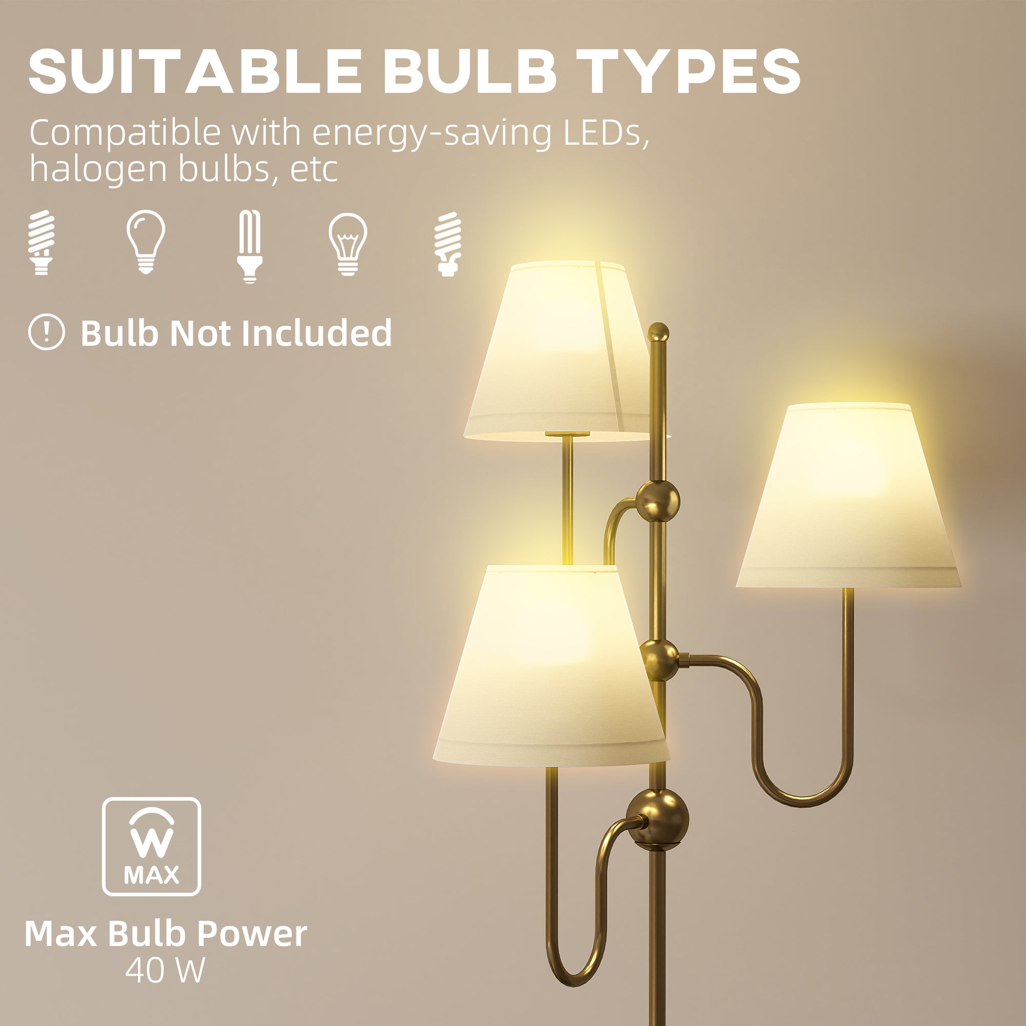 HOMCOM Floor Lamp, 165 cm Tall Standing Lamp with 3 Light and Foot Switch for Living Room, Bedroom, Bedside, Office, E27 Base Without Bulb (40W Max)