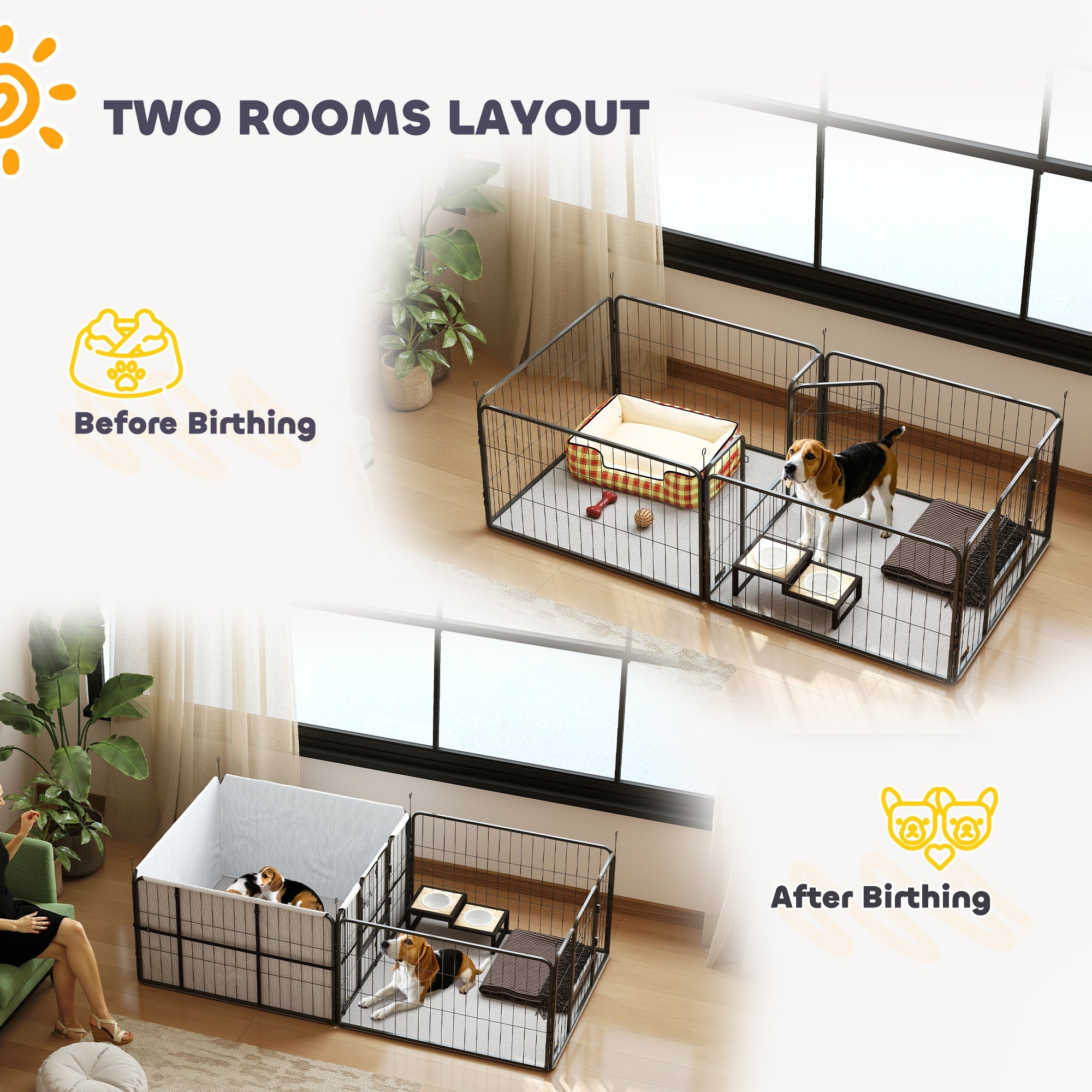 PawHut Seven-Panel Dog Whelping Box, Dog Playpen with Washable Whelping Pads, Wind-Resistant Fabric, for Small and Medium Dogs