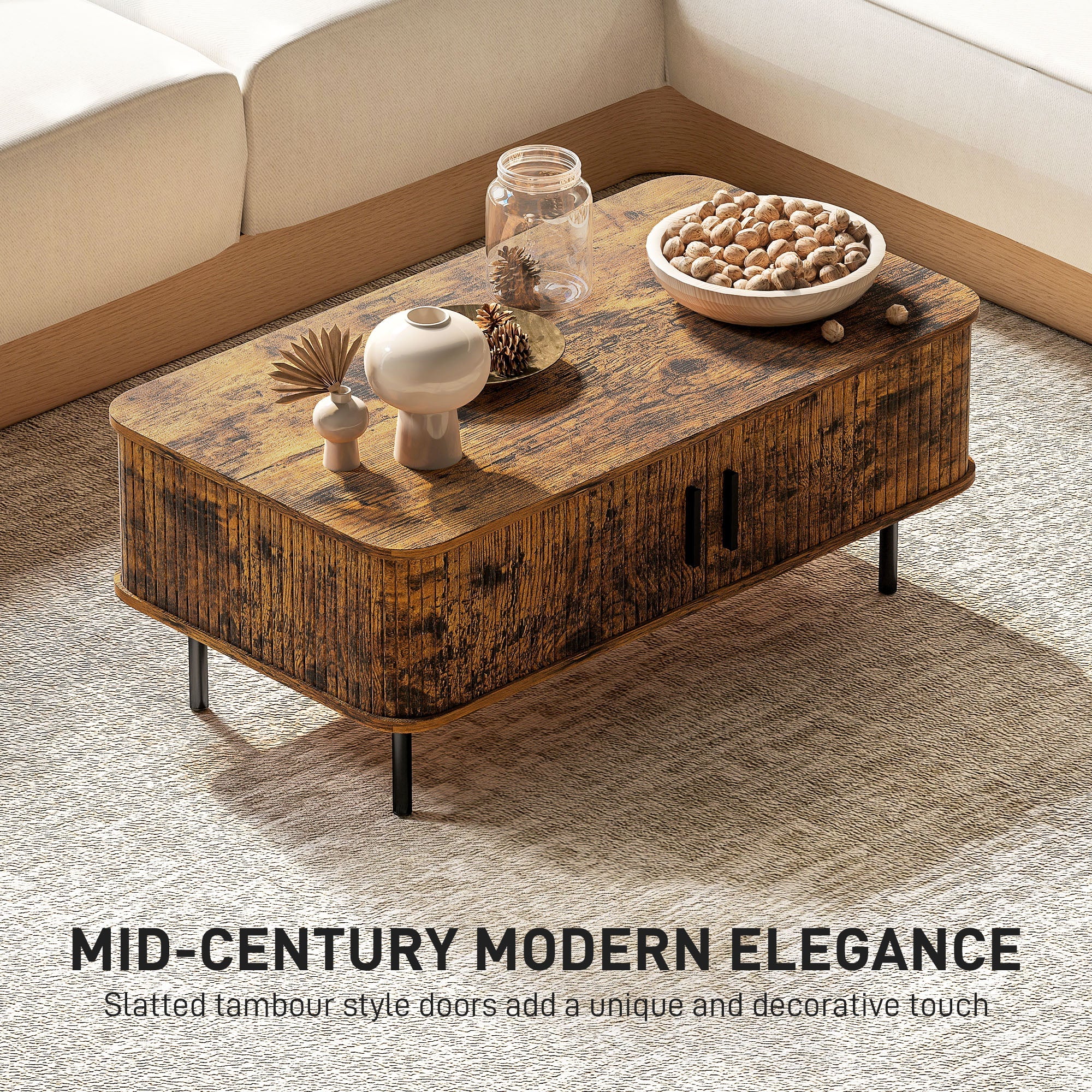 HOMCOM Coffee Table with Storage, Living Room Table with Slatted Tambour Sliding Doors and Foot Pads, Rectangular Coffee Table with Elevated Base for Living Room, Rustic Brown