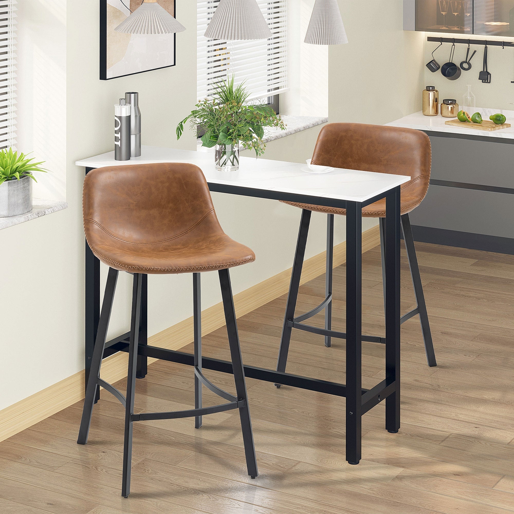 HOMCOM Bar Stools Set of 2, PU Leather Kitchen Stools, Upholstered Breakfast Bar Chairs with Backrest, Steel Legs for Home, Dining Room, Brown